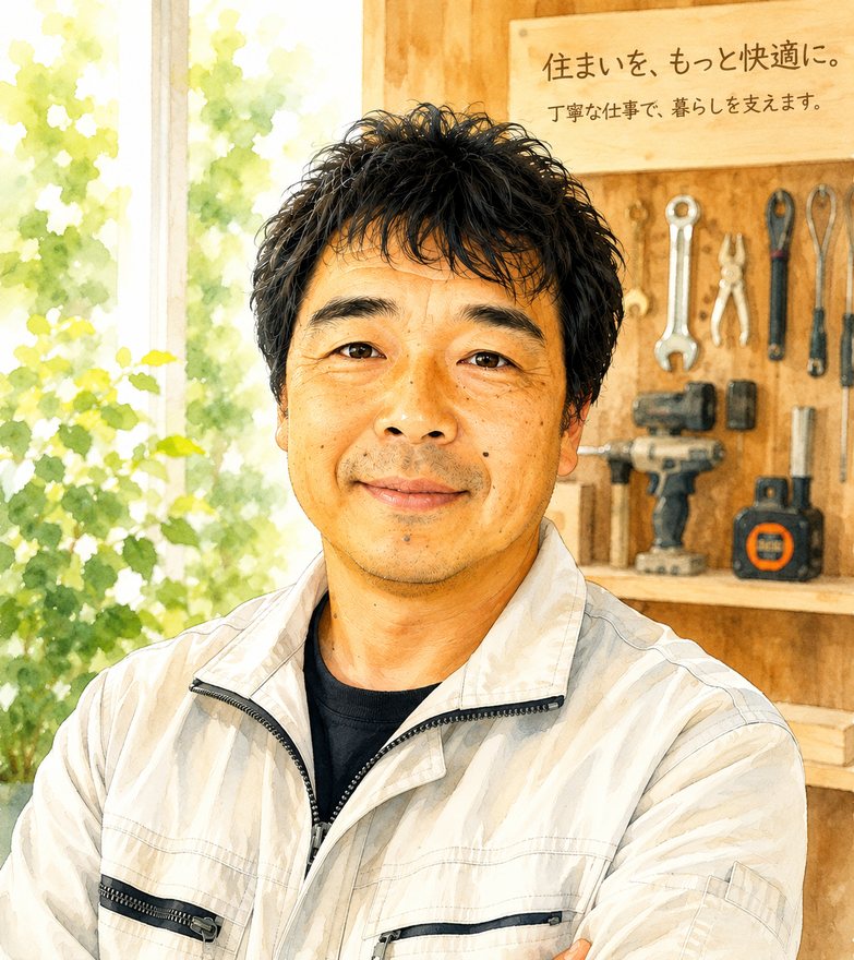 代表 狩野仁也。工具の並ぶ作業場にて